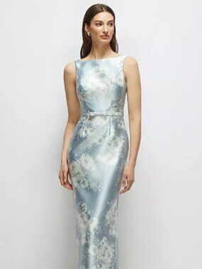 Dessy Group Floral Bateau Neck Satin Column Dress